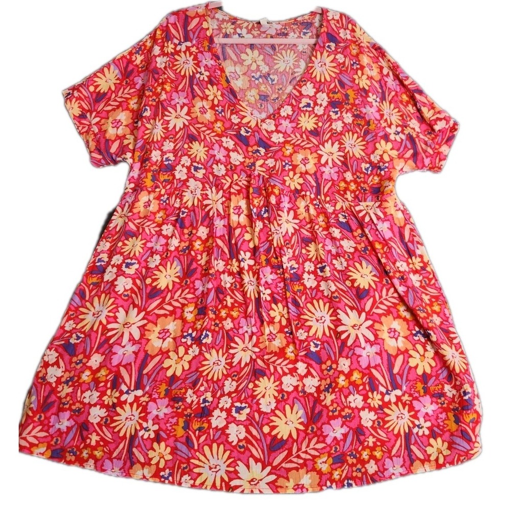 Andree By Unit Short Dress Women's 1X‎ Hot Coral Pink Purple Floral Lined V Neck